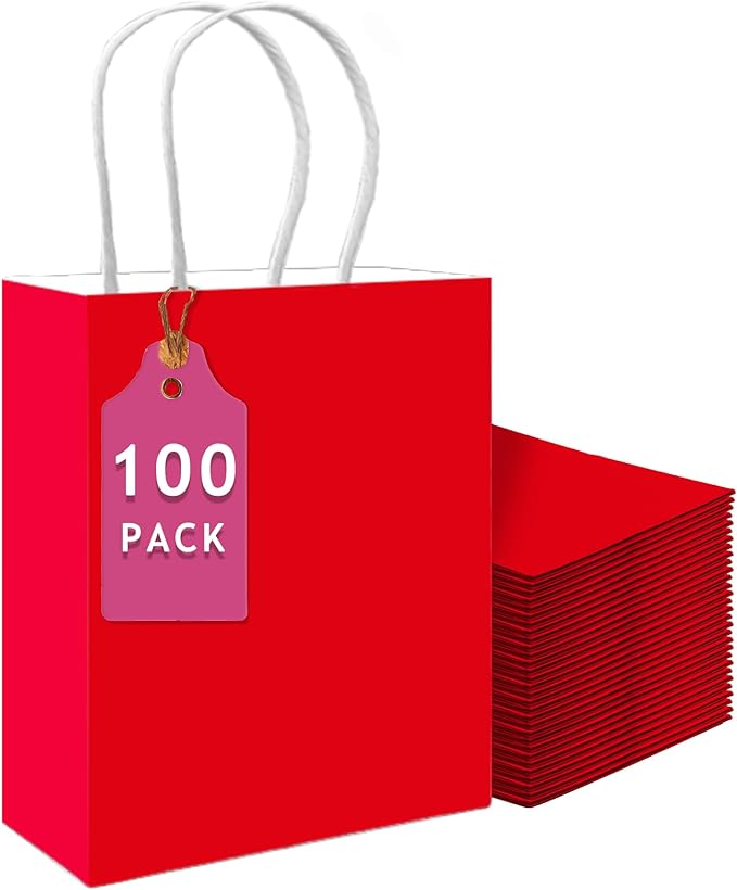 Gift Bags 100 Pack Red Paper Bags with Handles 13 x 10.3 Inch