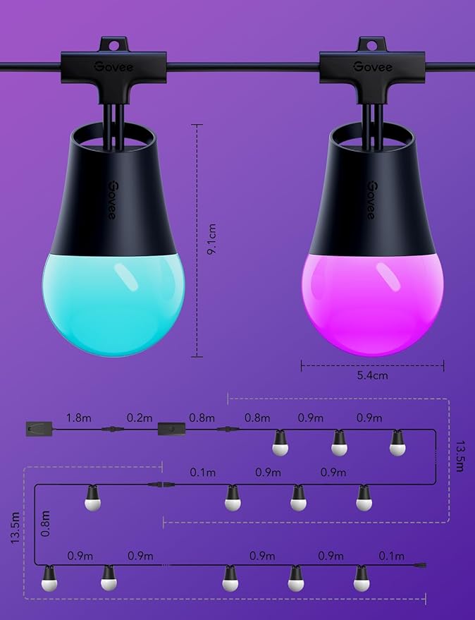 Smart LED Outdoor String Lights, 96ft RGBICW with App Control