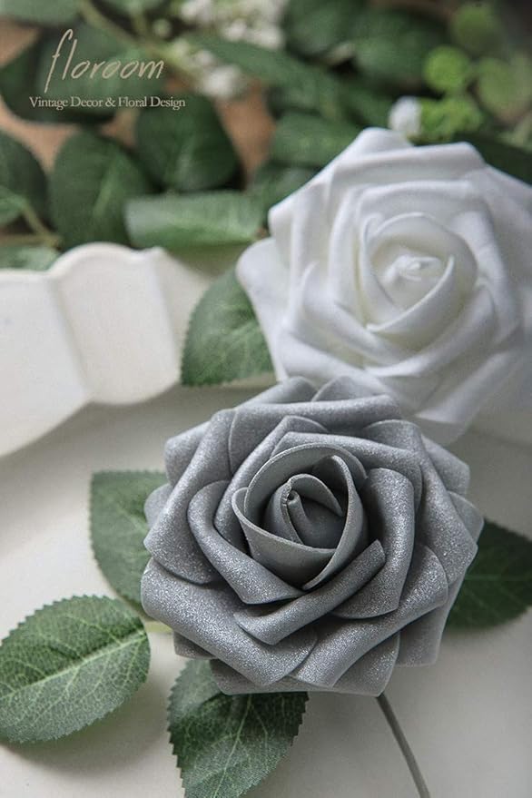 Floroom Artificial Flowers 50pcs Real Looking Shimmer Silver Grey Foam Fake Roses with Stems for DIY Christmas Tree Xmas Wedding Bouquets Party Tables Centerpieces Floral Arrangements Home Decor
