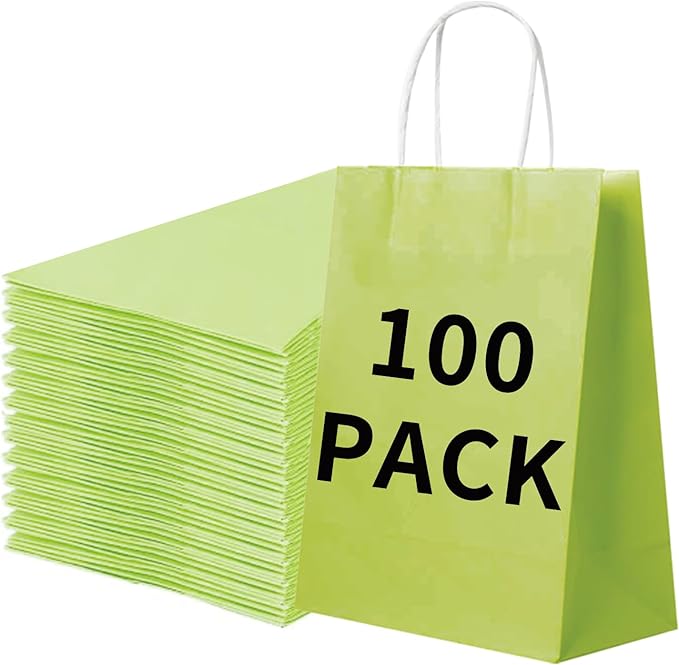 Gift Bags, Green Kraft Paper with Handles, Pack of 100