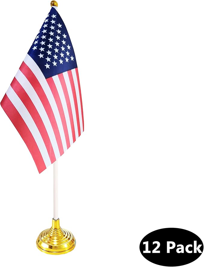 12 Pack USA US Desk Flags,Small Mini American Deluxe Table Flags Set with Stand Base，8.2 x 5.5 inches Miniature Desktop Flag