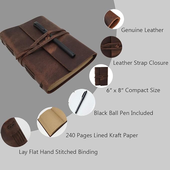Leather Journal Notebook for Men & Women,A5 Size Diary,6.2x8.5 Inch, Vintage Style Personalized Journal for Gift,Genuine Leather Bound Notepad for Travel Journal to Write,240 lined Pages,Rustic Brown
