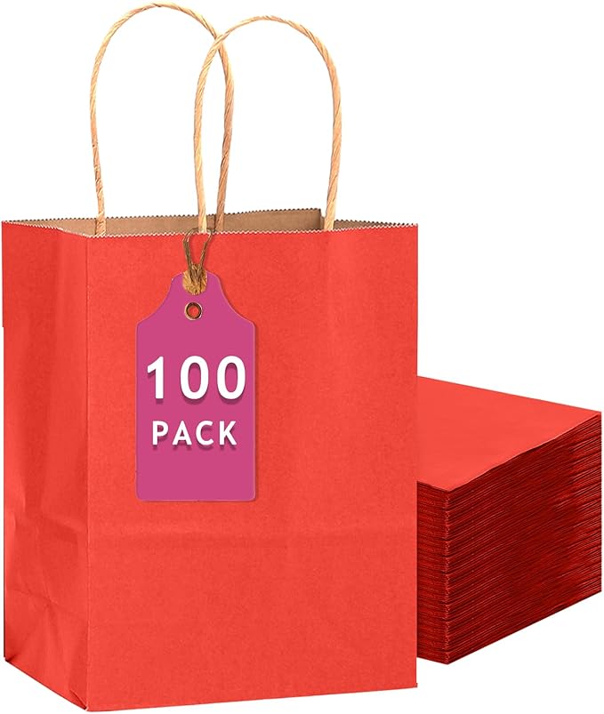 Gift Bags with Handles, Kraft Red, 100 Pack, 13 x 10.3 x 4.6 Inch