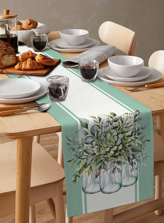 Eucalyptus Cotton Linen Table Runner for Dining Kitchen, Wedding Outdoor Party Tablerunners Decoration, Green Leaves Botanical Plants Watercolor Dresser Scarf Coffee Tablecloth Runners 13x90 Inches