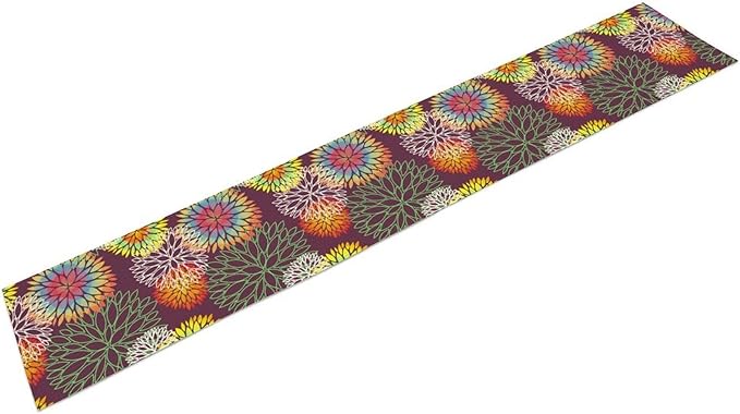 Brown Dahlia Flower Table Runner, Linen Geometric Pattern Floral Table Decor Spring Farmhouse Decorations for Kitchen Dining Holiday Party Decor, 13x70 Inch
