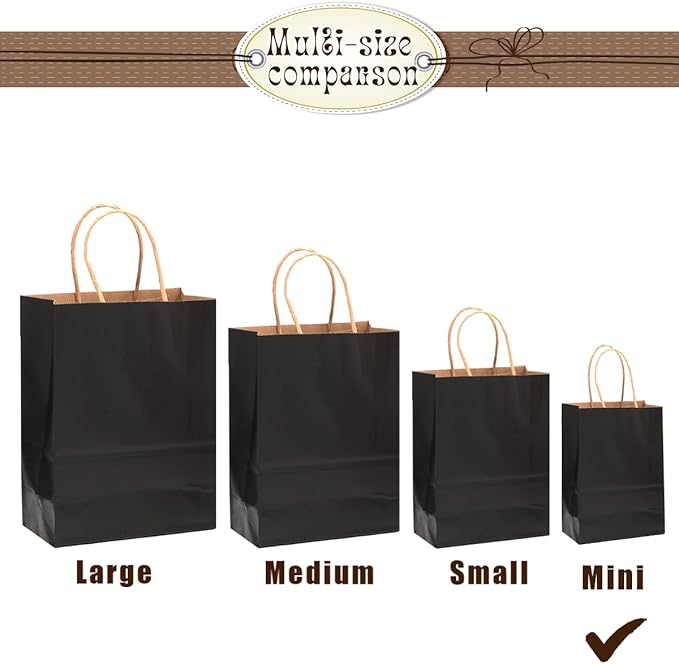 Gift Bags, 100 Count Mini Black Kraft Paper Bags with Handles