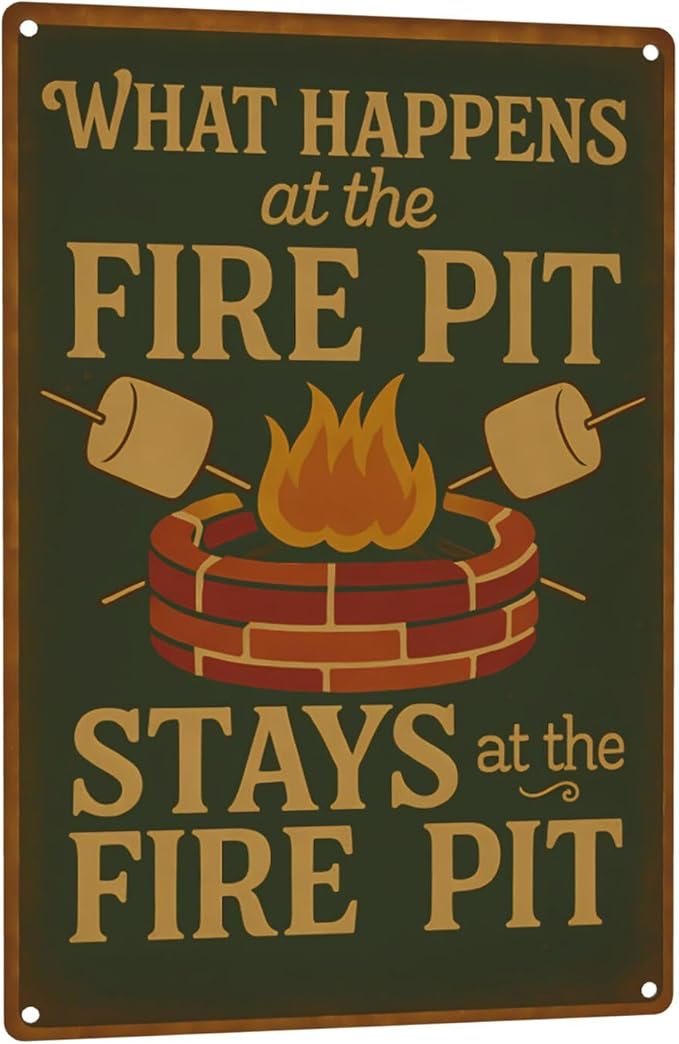 Funny Firepit Metal Sign - "What Happens at the Firepit" Outdoor Wall Decor for Patio, BBQ, Grill, or Campsite - Great Gift for Campers & Dads - 8" x 12"
