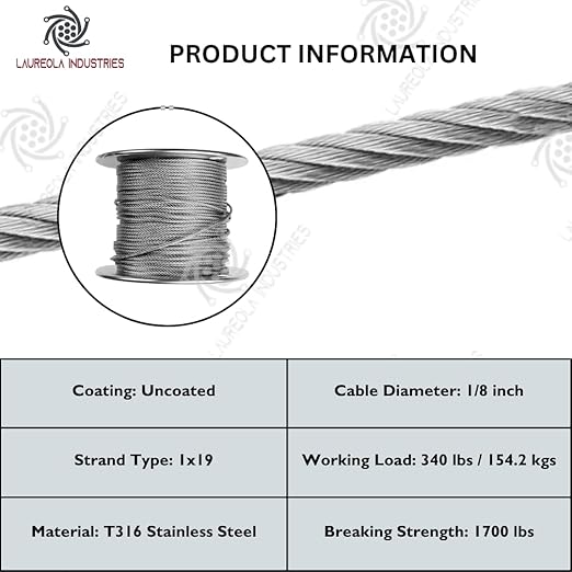 Laureola 1/8" Type-1x19 Grade-316 Stainless Steel Cable Railing Wire Rope - 200ft