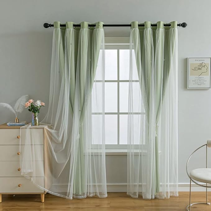 FANLI 2 Panels Star Blackout Curtains for Kid Girls Bedroom Living Room Darking Stripe Double Layer Star Cut Out Wall Home Decor Gradient Grommet Window Curtains (Green 95L)