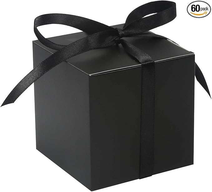 COTOPHER 60pcs Wedding Favor Boxes, Paper Gift Boxes 3x3x3 Inches Small Gift Boxes with Ribbons, Easy Assemble Boxes (Black)