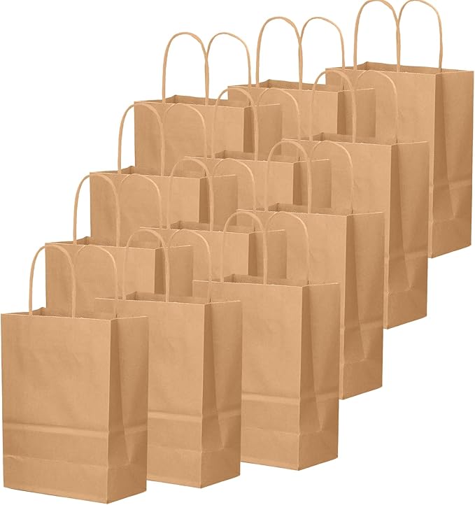 qiqee 26-Packs Brown Gift Bags with Handles Bulk 8.3"x3"x 6" Small Size Kraft Paper Bags Multiple Uses (Small Size)