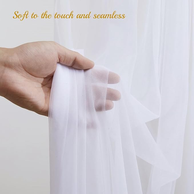 30×10ft White Tulle Backdrop Curtain with Lights String for Parties, Sheer Photo Backdrop Curtains for Wedding Party Photography Background