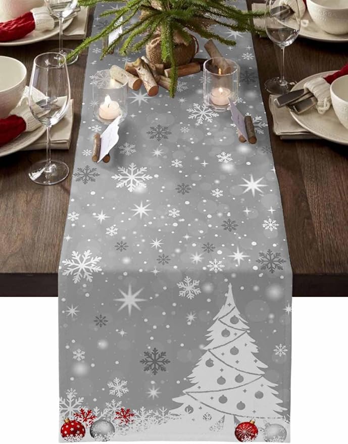 Christmas Snowflakes Cotton Linen Table Runner for Dining Kitchen, Xmas Tree Snow Winter Wedding Outdoor Party Tablerunners Decoration, Grey Balls Dresser Scarf Coffee Tablecloth Runners 13x48 Inches