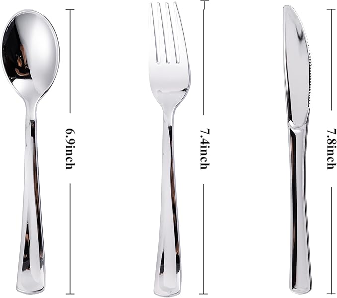 Disposable Silver Spoons, Forks & Knives Set, 200 Pieces, Glossy Plastic