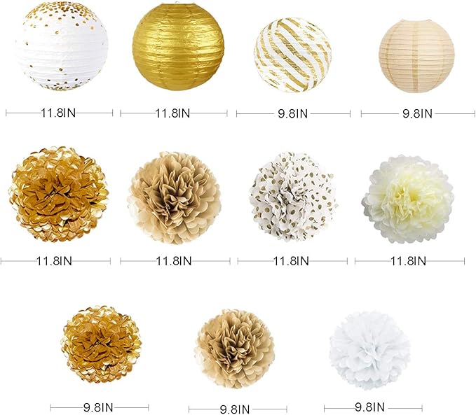 Banners Kit: 41 Pieces in Gold and White with Paper Lanterns and Pom Poms