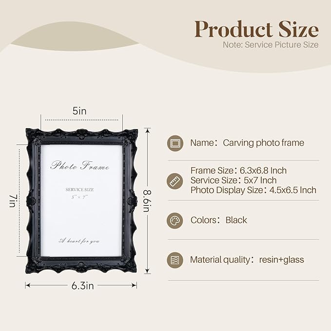 Cuspin 5x7 Black Picture Frame, Handcrafted Resin Frame with Exquisite Carved Details & Glass Front, Vintage Antique Design for Wall Hanging or Tabletop Display, Home Decor