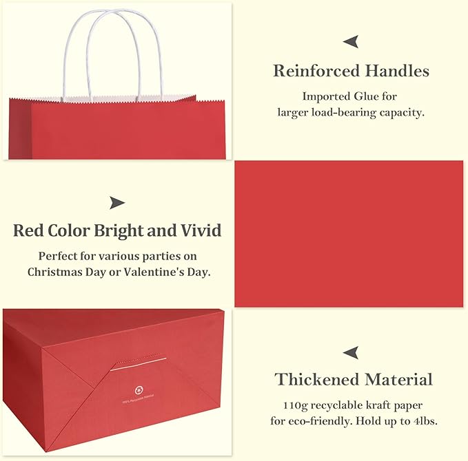 Red Paper Gift Bags, 10 x 5 x 13 Inch, Pack of 100 Solid Color