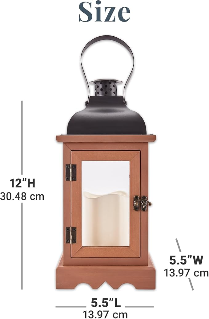 Decorative Candle Lantern in Wood with LED Light, 12-Inch Memorial Gift