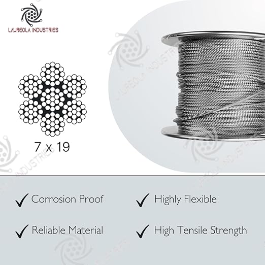 Laureola 1/8" Stainless Steel Aircraft Wire Rope | 304 Grade 7x19 Strand | 500ft Spool | Durable Marine Cable for Rigging, Construction, DIY Projects