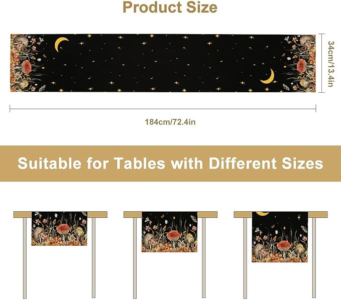Mushroom Kitchen Table Runner, Gothic Moon Star Plants Witchy Moonlit Flower Butterfly Table Runner for Kitchen Party Living Room Drapes, 13x70 Inch Black
