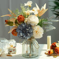 LESING Dahlia Flower Aritificial Flower with Vase Fake Silk Flowers in Glass Vase Faux Rose Flowers Arrangement for Home Office Table Centerpiece Decoration (Blue)