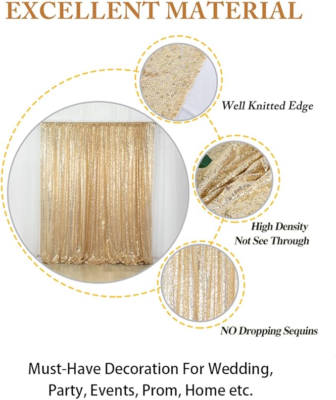 Backdrop Curtain in Light Gold, 10 x 10 ft Sequin Photo Backdrop with Rod Pocket