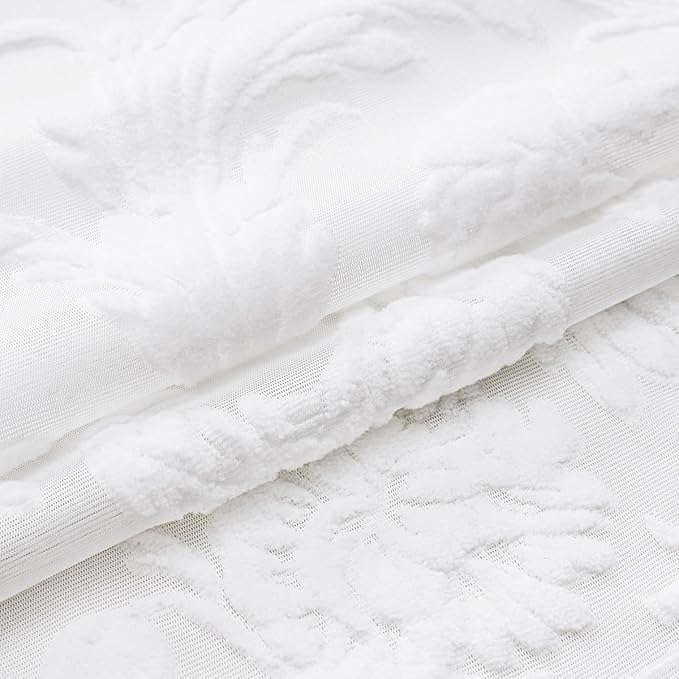 Curtains Sheer White Curtain Panels Boho Farmhouse Drapes with Vintage Floral Pattern 45" Short Length Rod Pocket for Bedroom Living Room Windows French Elegance 3D Relief, Set of 2 (52" Wide Each)