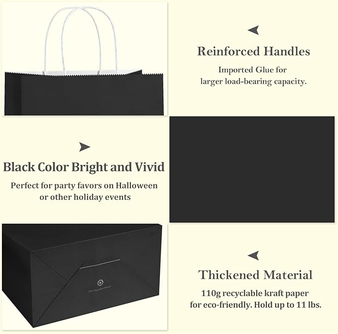 Gift Bags, Black Paper with Twisted Handles, 100 Pack, 10 x 5 x 13 Inch