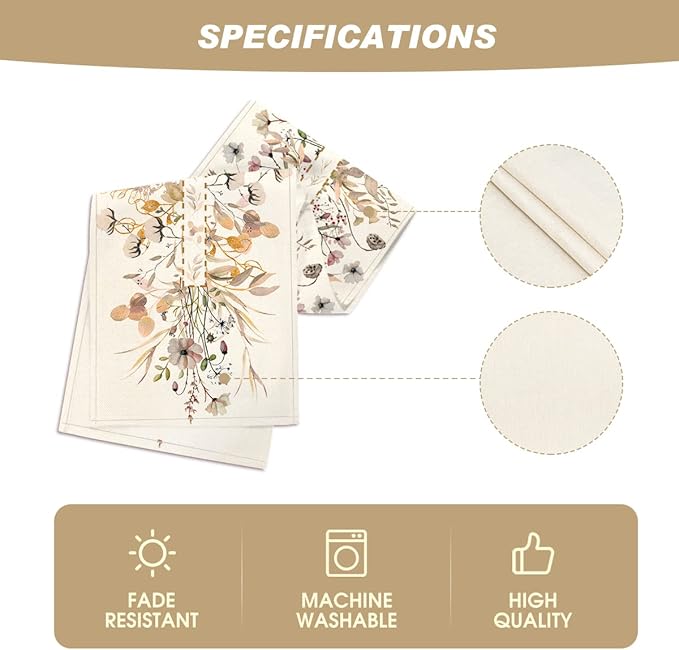 Artoid Mode Wildflower Leaves Floral Fall Table Runner, Autumn Thanksgiving Kitchen Dining Table Decoration for Indoor Outdoor Home Party 13x48 Inch