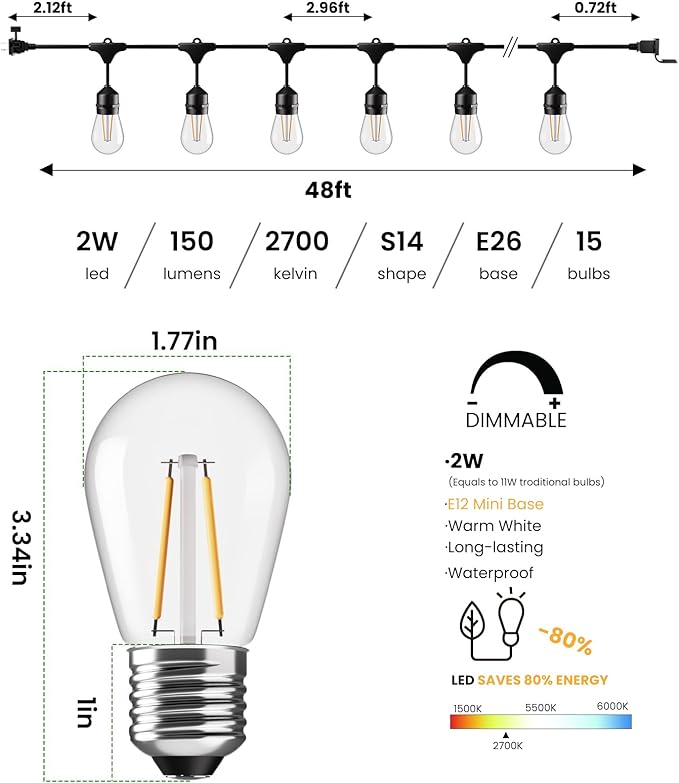 String Lights 96 FT Outdoor Edison Bulbs 2700K Warm White