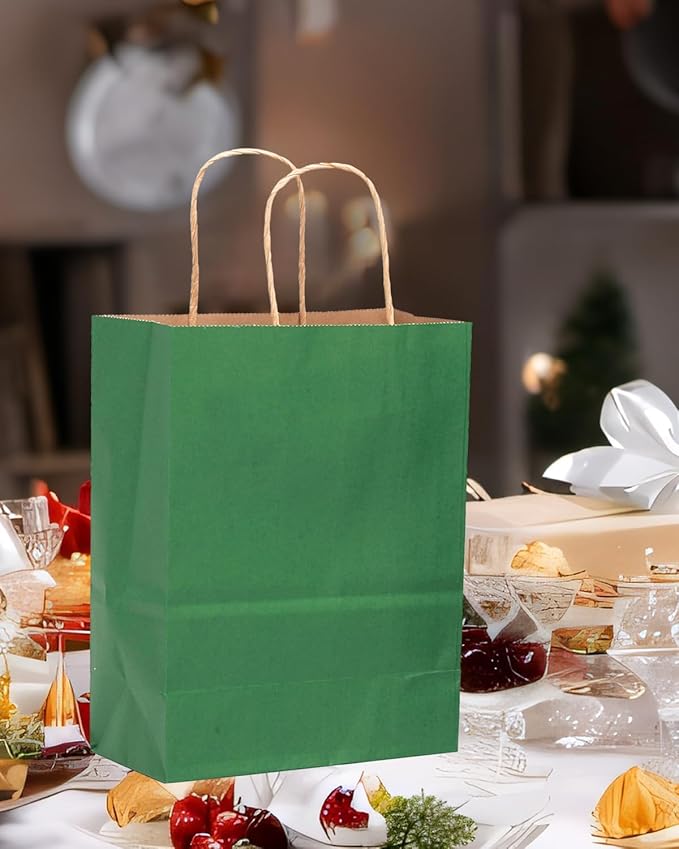 Gift Bags, Deep Green Kraft Paper, 100 Count with Handles