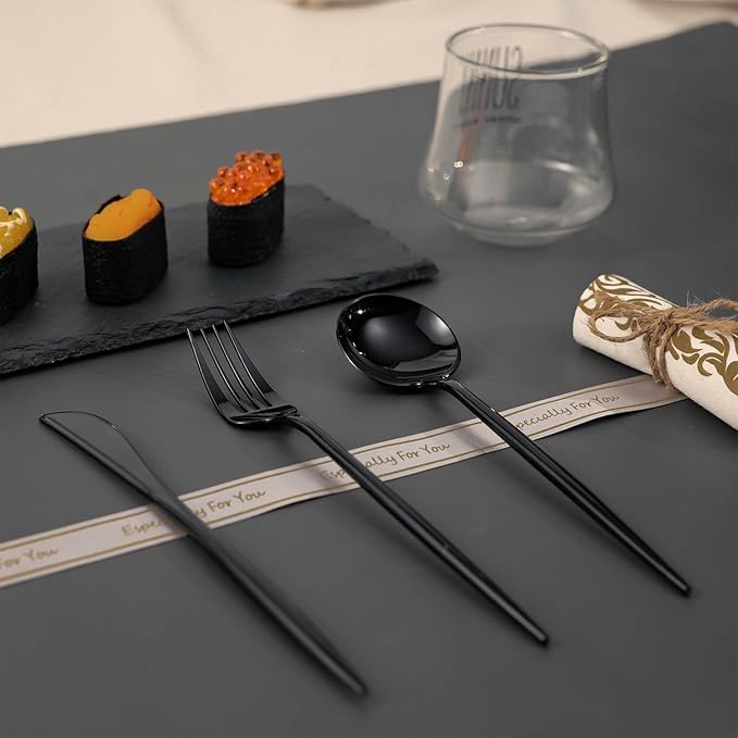 Black Plastic Forks, Knives and Spoons Set, 180 Count, Heavy Duty