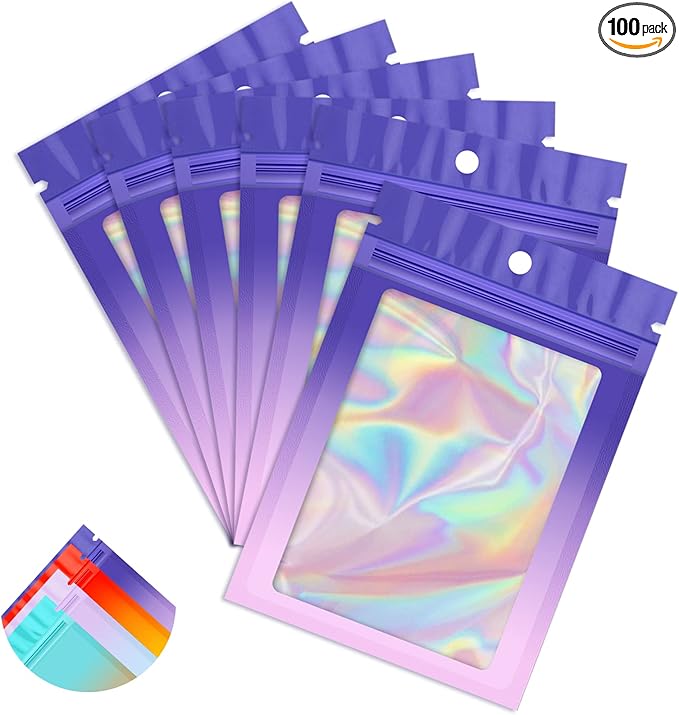 Funfery 100 Pack Gradient Holographic Bags,Resealable Bags with Zipper,Clear Window Packaging Pouch,Foil Bag for Food Storage,Sample Jewelry Baggies(3×4.7In,Purple Pink)