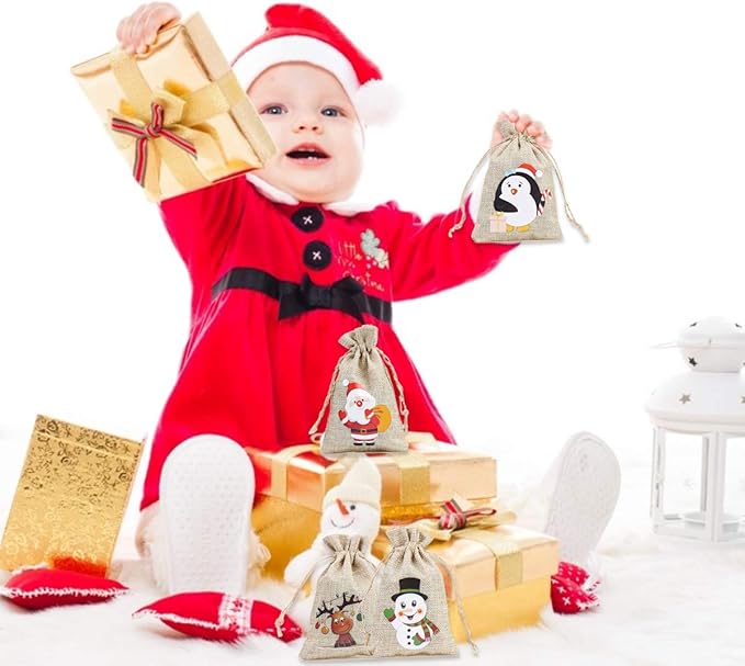 CCINEE 96pcs Christmas Burlap Gift Bags with Drawstrings Candy Goody Treat Bags with Double Jute Drawstrings 4X6 Inch