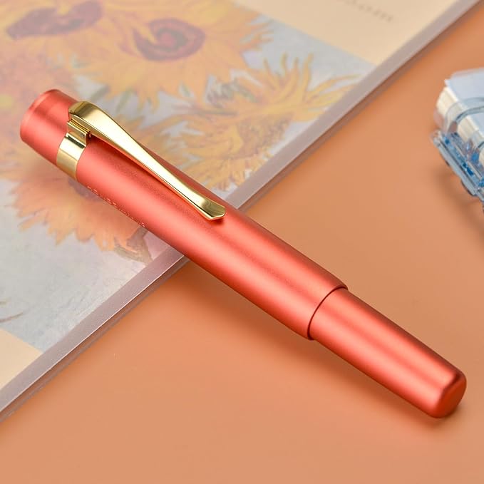 Hongdian M2 Mini Fountain Pen with Bent Nib, Sleek Shape Aluminium Short Pocket Travel Pen (Orange Red)