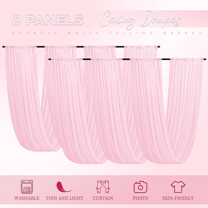 6 Panels Pink Ceiling Drapes for Wedding 5ftx40ft Ceiling Drapes Wedding Arch Draping Fabric Cheesecloth Sheer Curtain Romantic Ceiling Decorations for Weddings Party Banquet Ceremony Stage