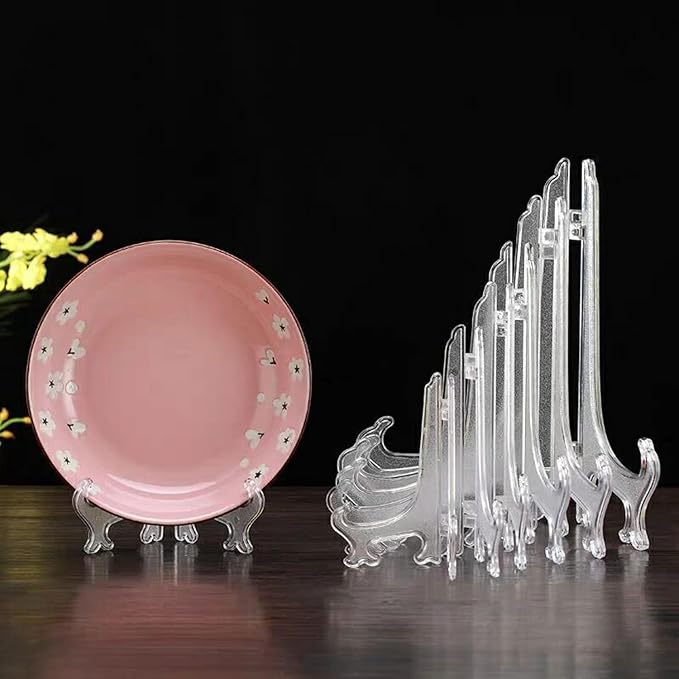 12 Pack 6 Inch Clear Plastic Easels or Stand/Plate Holders to Display Pictures or Other Items at Weddings, Plate Stands for Home Decoration, Birthdays, Tables
