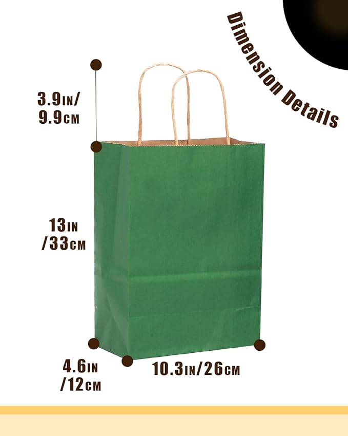 Gift Bags, Deep Green Kraft Paper, 100 Count with Handles
