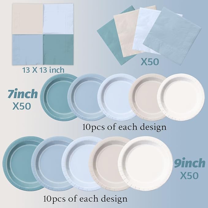 Plates Set, Dusty Blue Paper Party Plates and Napkins, 150 Pieces
