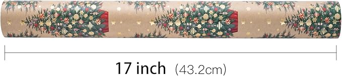 RUSPEPA Kraft Christmas Wrapping Paper Roll, Mini Roll, Gold Foil Christmas Tree Design, Elegent Kraft Gift Wrap Paper Great for Xmas Gifts, Winter and Holidays, 17 Inches X 16.4 Feet