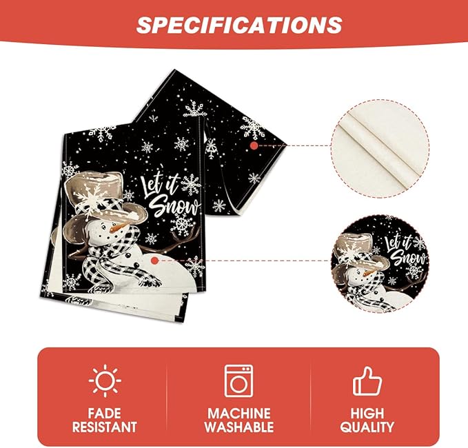 Artoid Mode Black Snowman Snowflake Let it Snow Winter Table Runner, Christmas Kitchen Dining Table Decoration for Home Party Decor 13x60 Inch