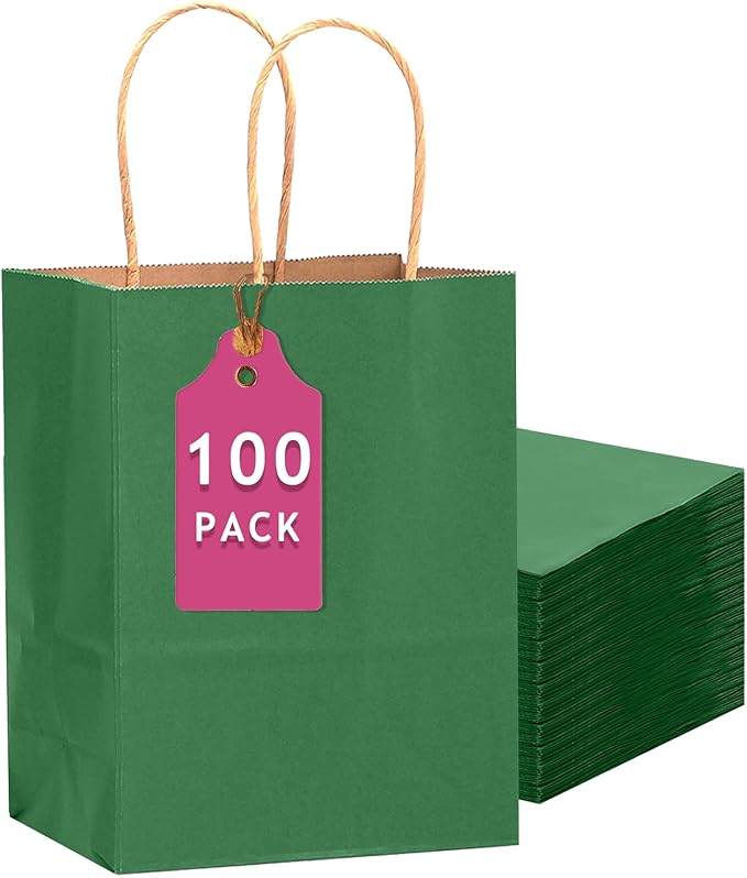Gift Bags, Deep Green Kraft Paper, 100 Count with Handles