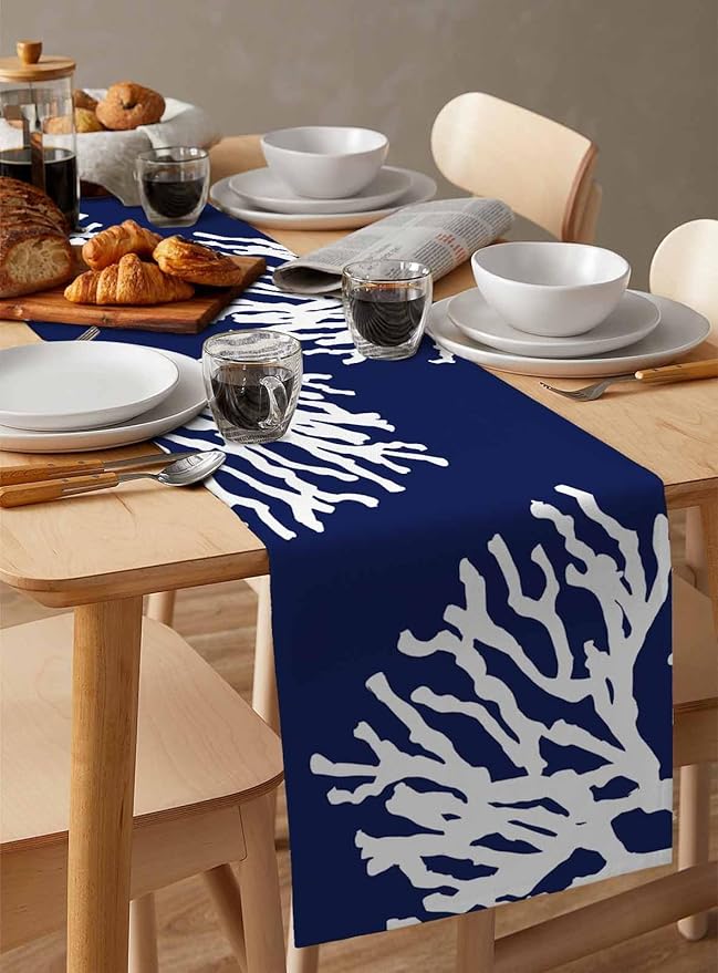Coastal Coral Cotton Linen Table Runner for Dining Kitchen, Wedding Outdoor Party Tablerunners Decoration, Navy Blue Nautical Ocean Beach Dresser Scarf Coffee Tablecloth Runners 13x120 Inches