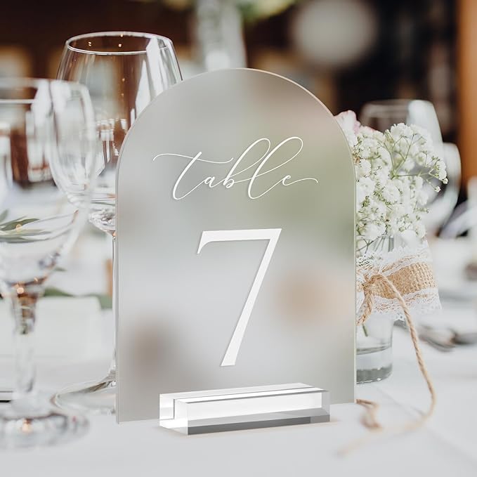 JINMURY Frosted Arch Table Numbers for Wedding, 5x7 Inch Acrylic Table Numbers 1-10 with Stands, Frosted Acrylic Arch Tabletop Sign with Holder for Centerpiece, Reception, Wedding, Party, Event