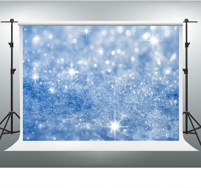 YongFoto Silver Blue Glitter Backdrop 10x8ft Silver Light Spots Blue Sequin Bokeh Photography Background Birthday Bridal Shower Wedding Photography Background Party Banner Portraits Photoshoot Props