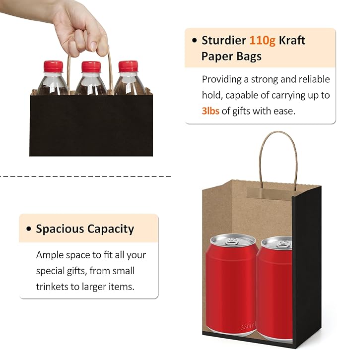 Small Black Paper Gift Bags with Handles, 150 Count, 5.25 x 3 x 8 Inch