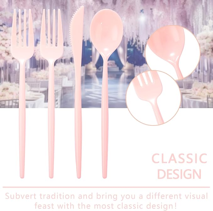 Spoons, Forks and Knives Set, 180 Count, Pink Heavy Duty Plastic Cutlery