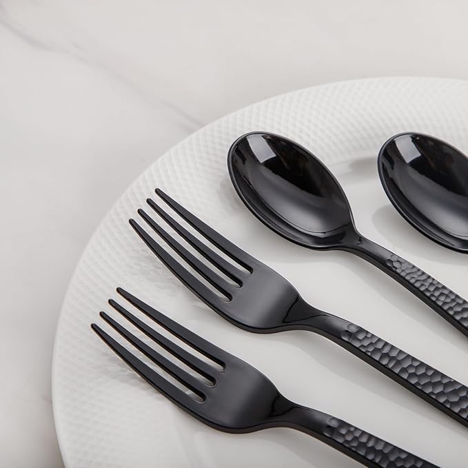 Spoons and Forks Set, Black Plastic Disposable, 400 Count, Hammered Finish