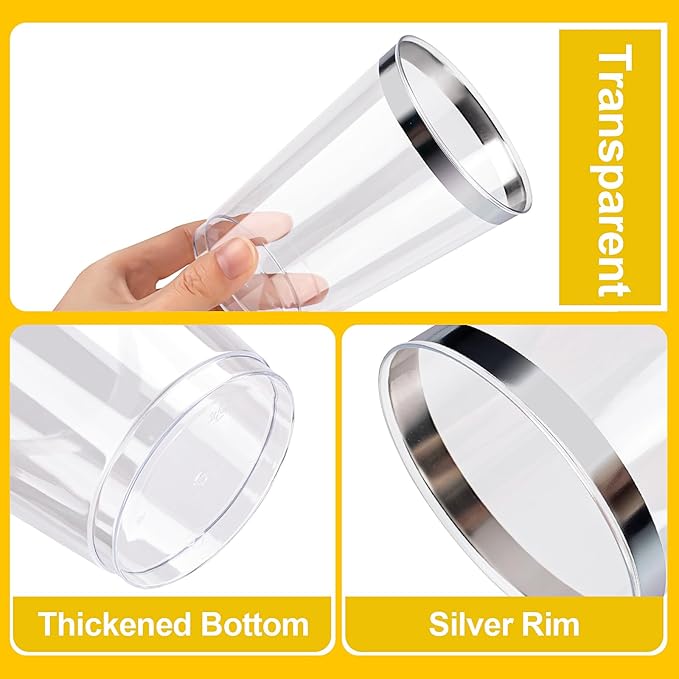 Disposable Plastic Cups with Silver Rim, 12 oz, 100 Count Clear