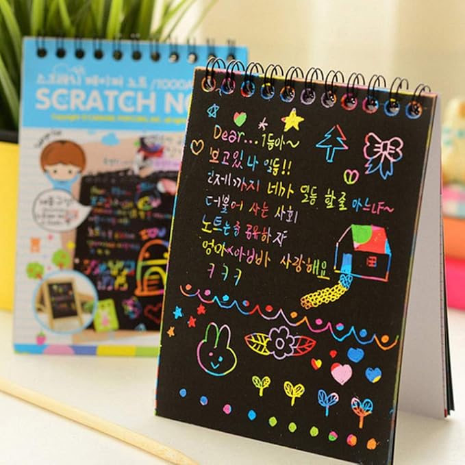 Soumore 16 Pack Scratch Notebooks, Rainbow Scratch Note Combo Art Set, Magic Scratch Painting & Sketch Art Notes Drawing Notepads for Kids - Includes Drawing Stencil and Wooden Stylu with Each Note